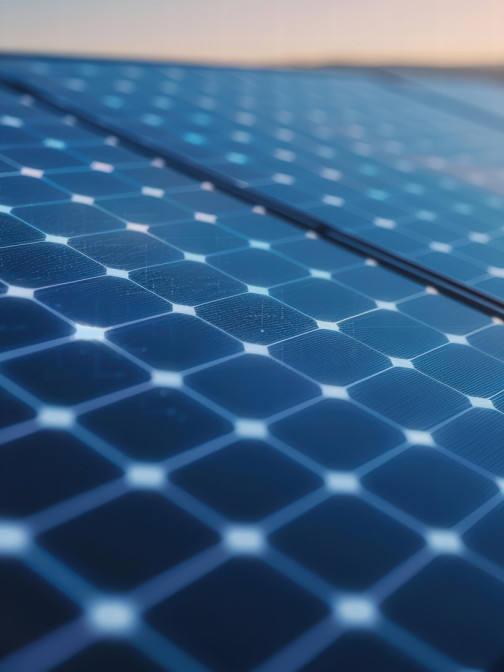 Seitlicher Blick auf Solaranlagen bei Sonnenuntergang