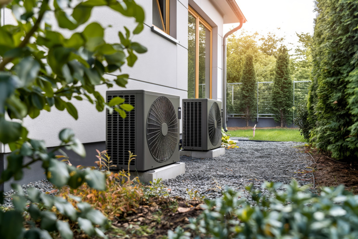 Blick aus dem Garten auf eine weiße Hauswand. Vor dem Haus stehen zwei schwarze Wärmepumpen.