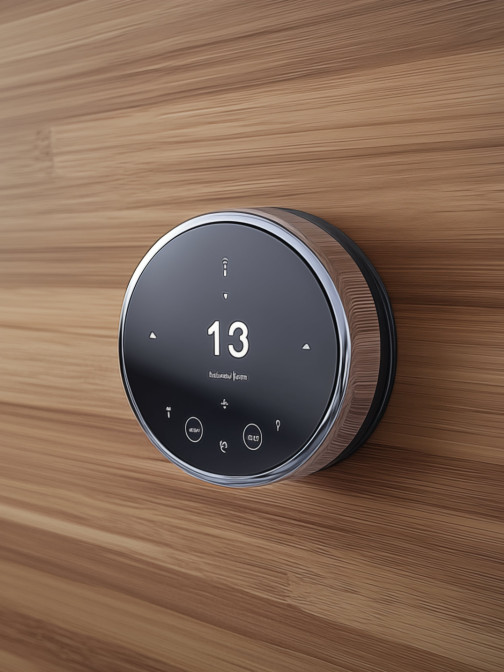 Modernes rundes Smart Home Gerät hängt an einer Holzwand im Bad