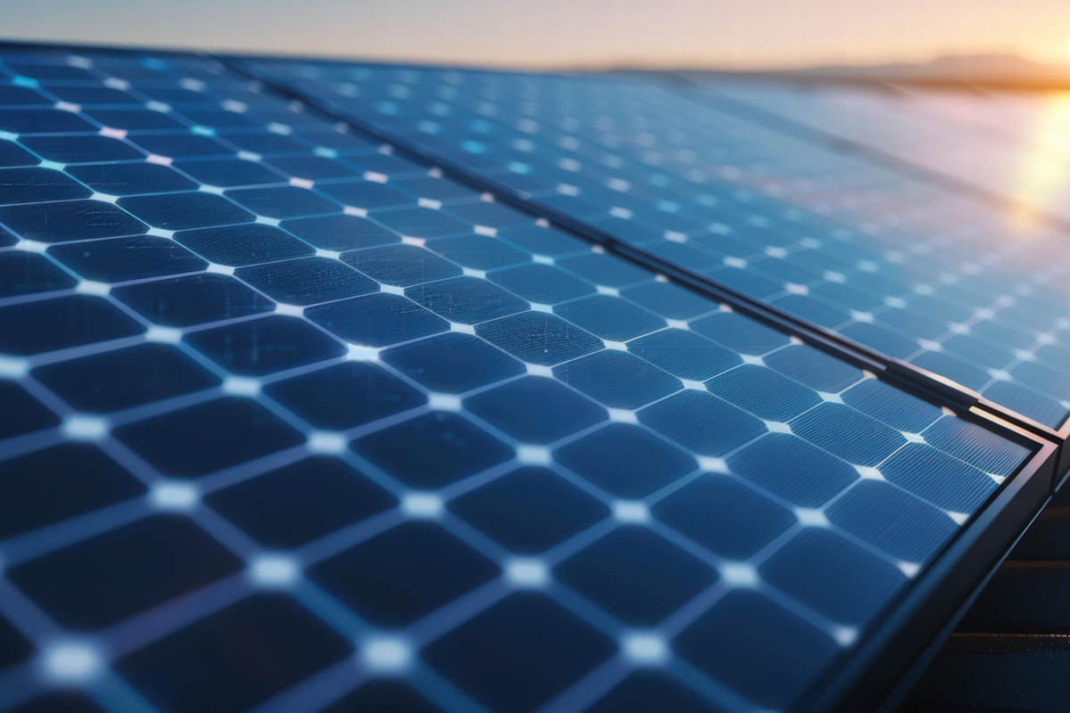 Seitlicher Blick auf Solaranlagen bei Sonnenuntergang