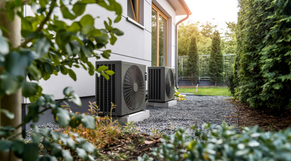 Blick aus dem Garten auf eine weiße Hauswand. Vor dem Haus stehen zwei schwarze Wärmepumpen.